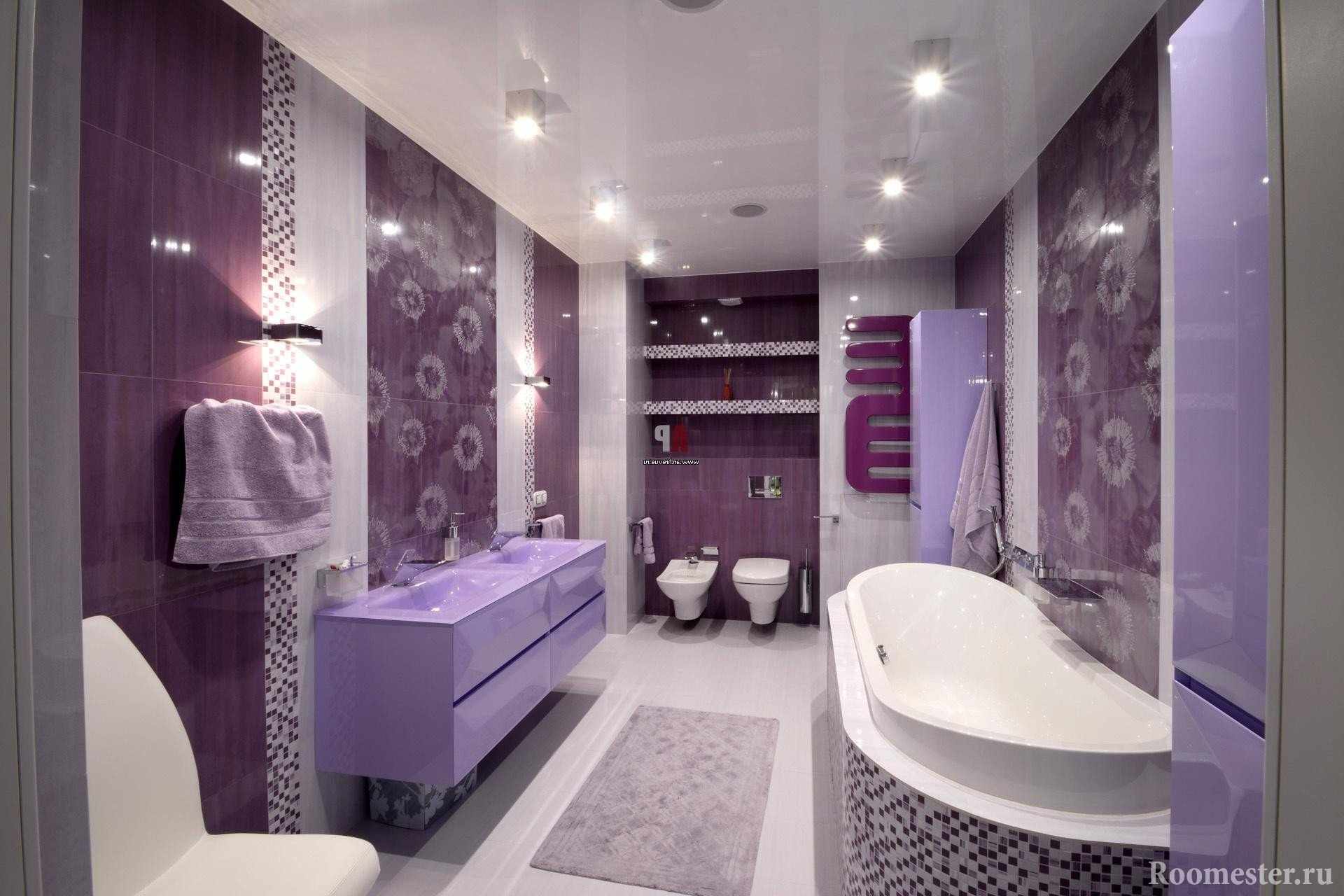 Шикарный дизайн ванной комнаты в сиреневых цветах