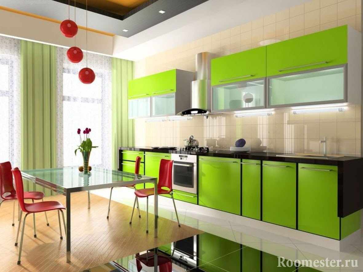 Большая кухня зеленого цвета