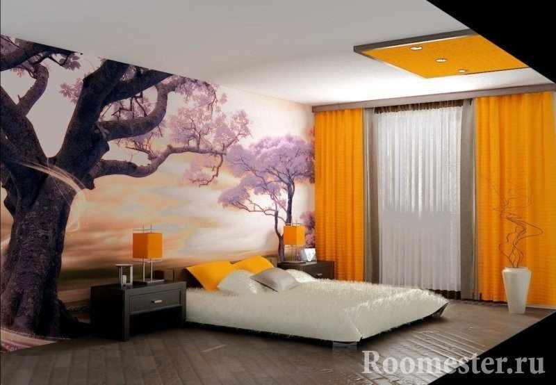 Фотообои с сакурой и оранжевые шторы в спальне
