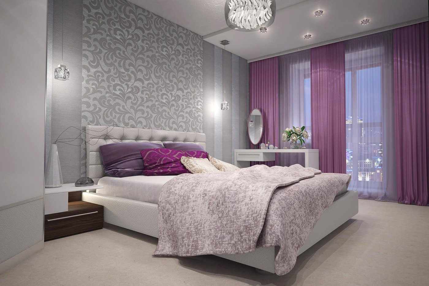 Фиолетовые шторы в спальне