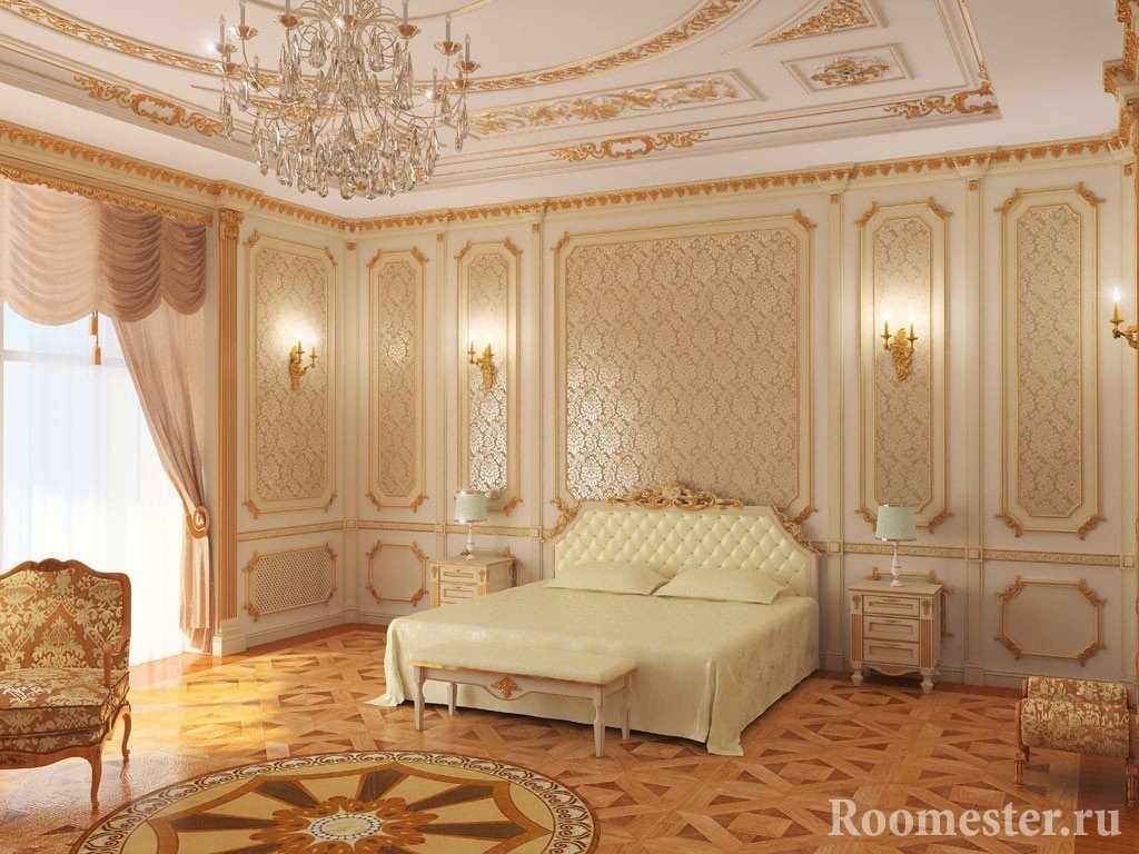 Белые потолок и стены спальни с золотыми узорами