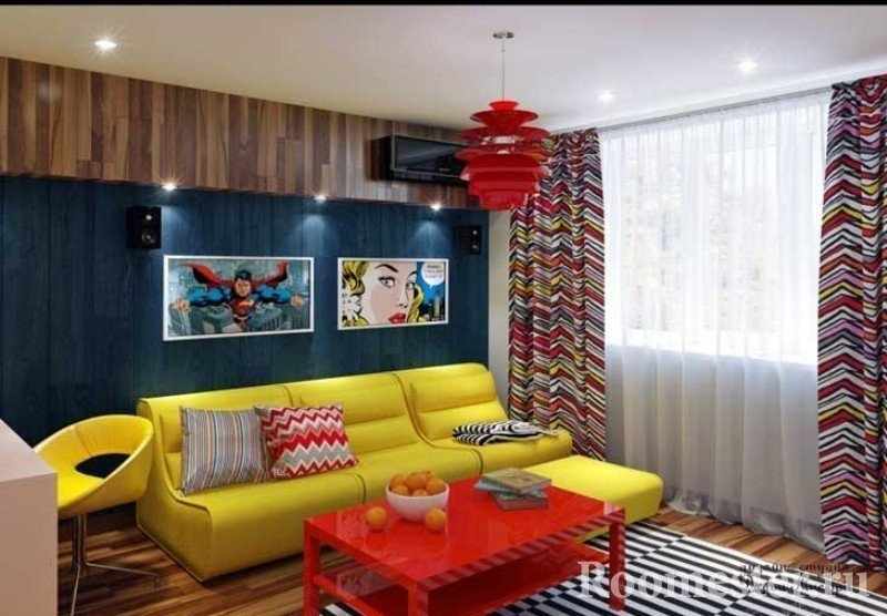 Сочетание желтой и красной мебели в комнате