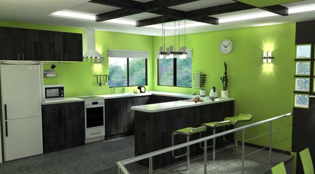 Зеленая кухня с черной мебелью